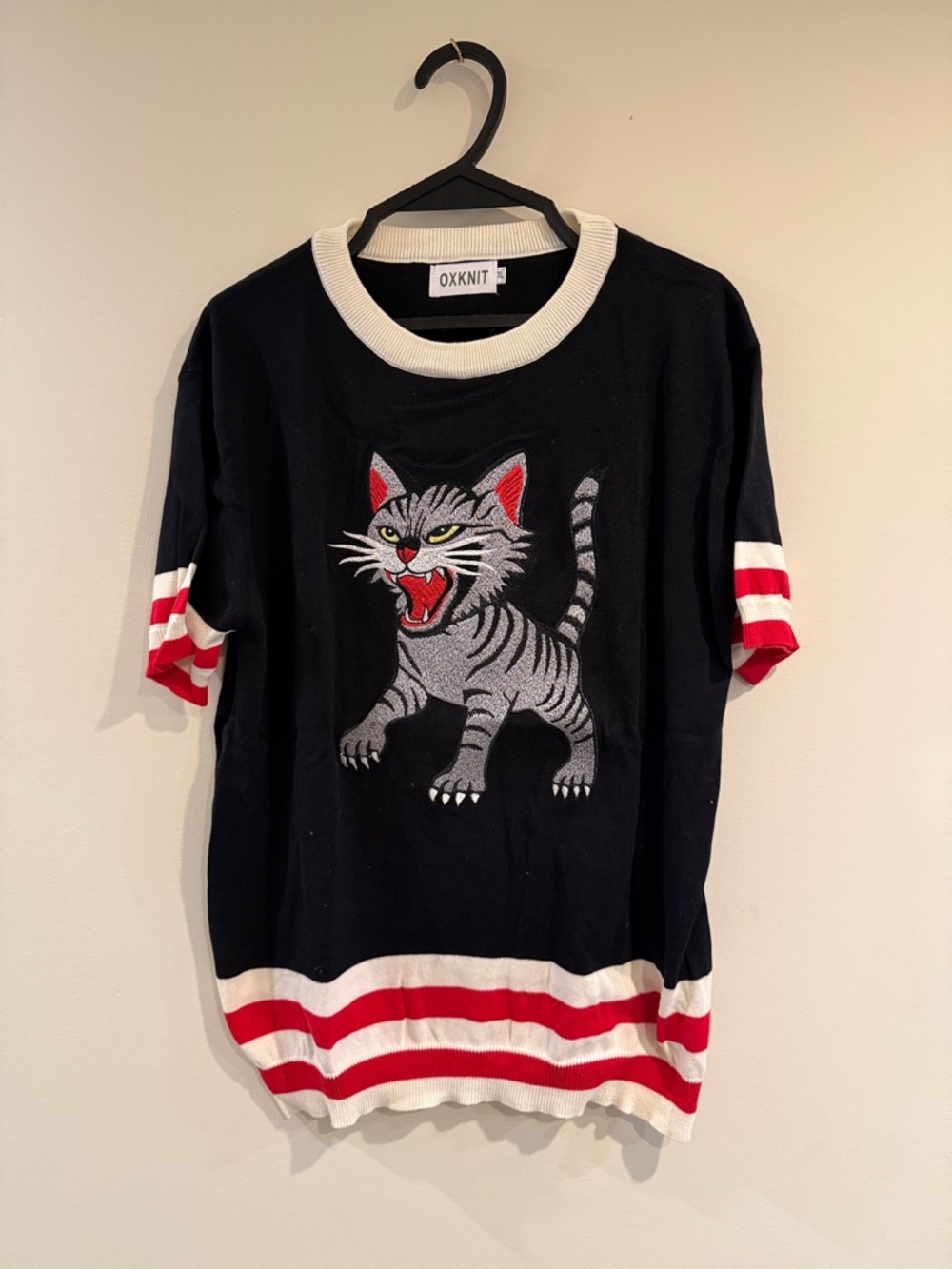 OXKNIT Black Short Sleeve Cat Graphic Tee with Red & White Trim